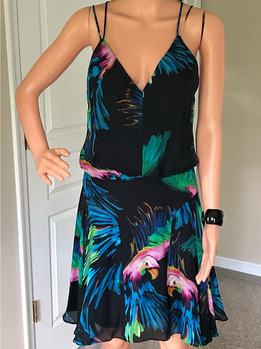 Milly Black Midi Dress with Vibrant Tropical Parrot Print